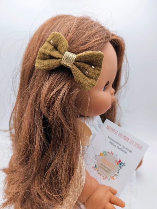 Barrette nœud double gaze à pois doré vert kaki