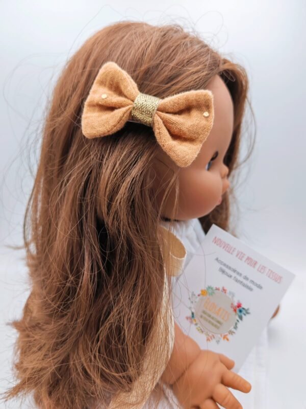 Barrette nœud double gaze à pois doré camel