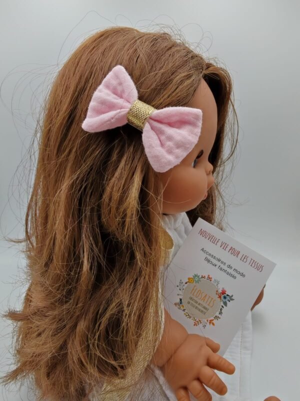Barrette nœud double gaze rose blush