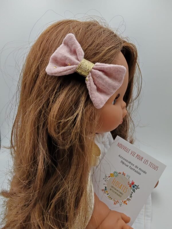 Barrette nœud double gaze à pois doré rose thé