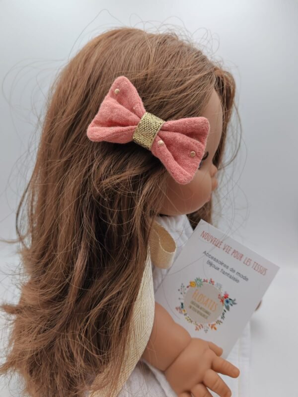 Barrette nœud double gaze à pois doré rose marsala