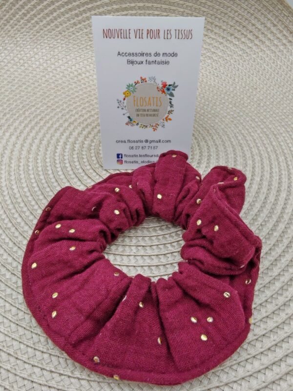 Chouchou en double gaze framboise à pois doré