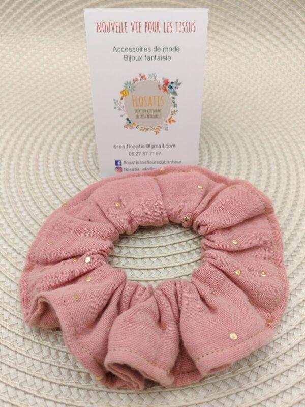 Chouchou en double gaze rose thé à pois doré